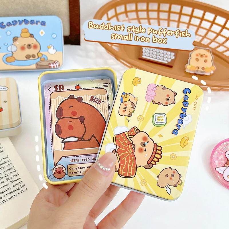 Kawaii Cartoon Capybara Card Storage Iron Box Photo Card Dustproof Box Cute Jewelry Hair Clip Small Box Creative Candy Box