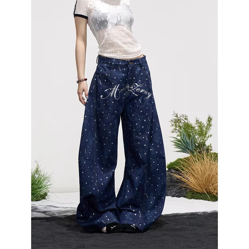 YIBASHU Women Blue Y2k Letter Print Jeans Vintage Harajuku Grunge Hiphop Denim Trousers Baggy Straight Wide Leg Long Jeans Pants