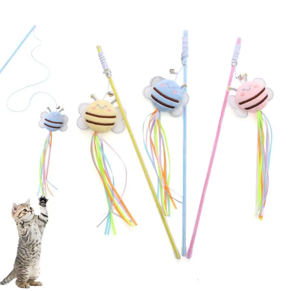 Colorful Plush Bee Fishing Rod Cat Teaser Wand With Bell Bite Resistant Pet Playing Teaser Wand Home Indoor Pet Self Happy Toys