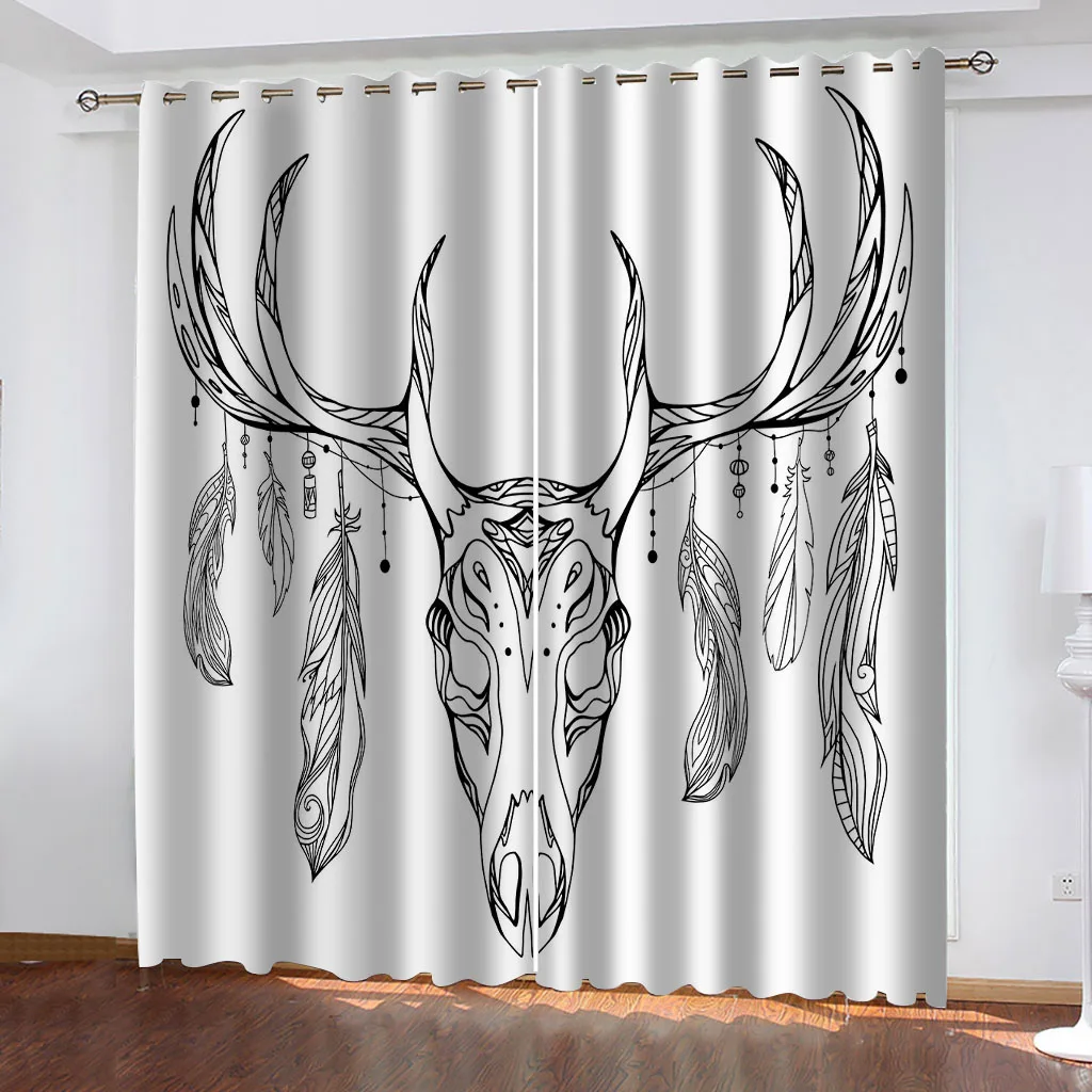 HUANZHUANG Blackout Curtain Black And White Antler Print Curtains 2 Panel Living Room Bedroom Home Decor Den Children'S Room