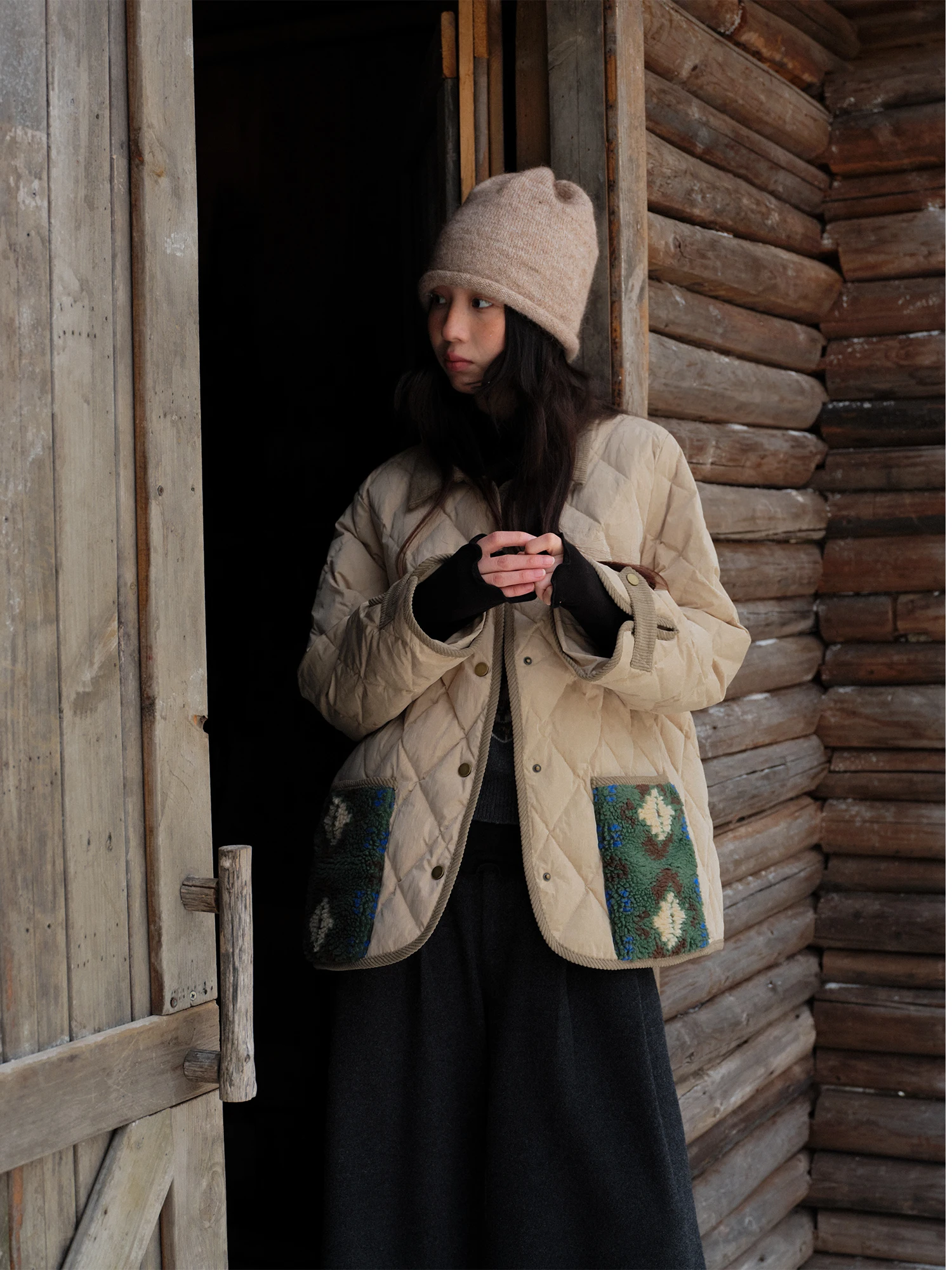 

ort Padded Jaet Women's Autumn Winter Outerwear Quilted Corduroy Lamb Fur Diamond Stitching Warm Thi Long Sve Coat