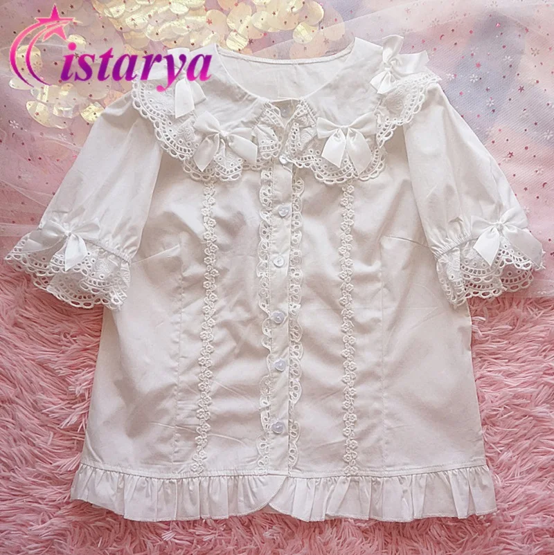 

Lolita Shirt Women Preppy Style Blouses Kawaii Peter Pan Collar Lace Bow Ruffles Tops JK Shirts Girls Short Sleeve Blusas Mujer