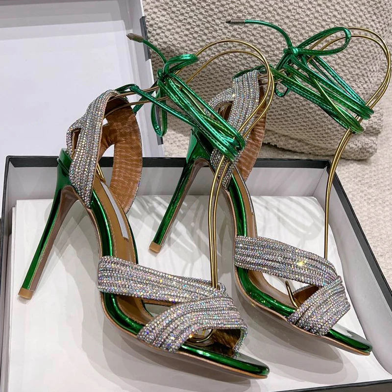 Full Diamond Ladies Luxury Summer Sandal Shoes Ankle Strappy Thin Heel Shiny Leather Green Gold Open Toe Party Celebrity Shoe