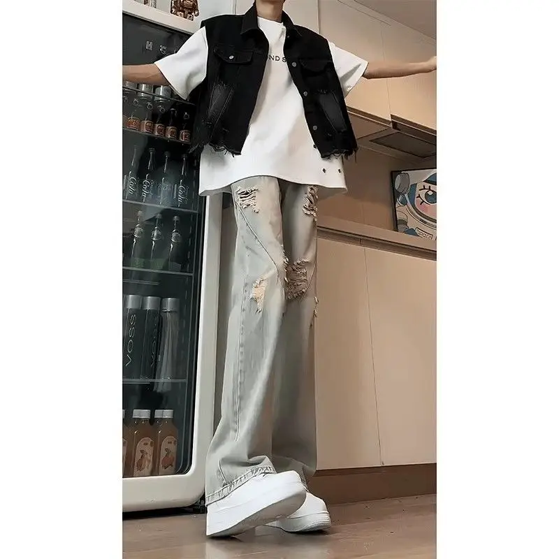 

Мужские джинсы в стиле ретро, американского дизайна, летние, с эффектом потертости, прямые, слегка расклешенные, повседневные, с рваными элементами, для уличного стиля