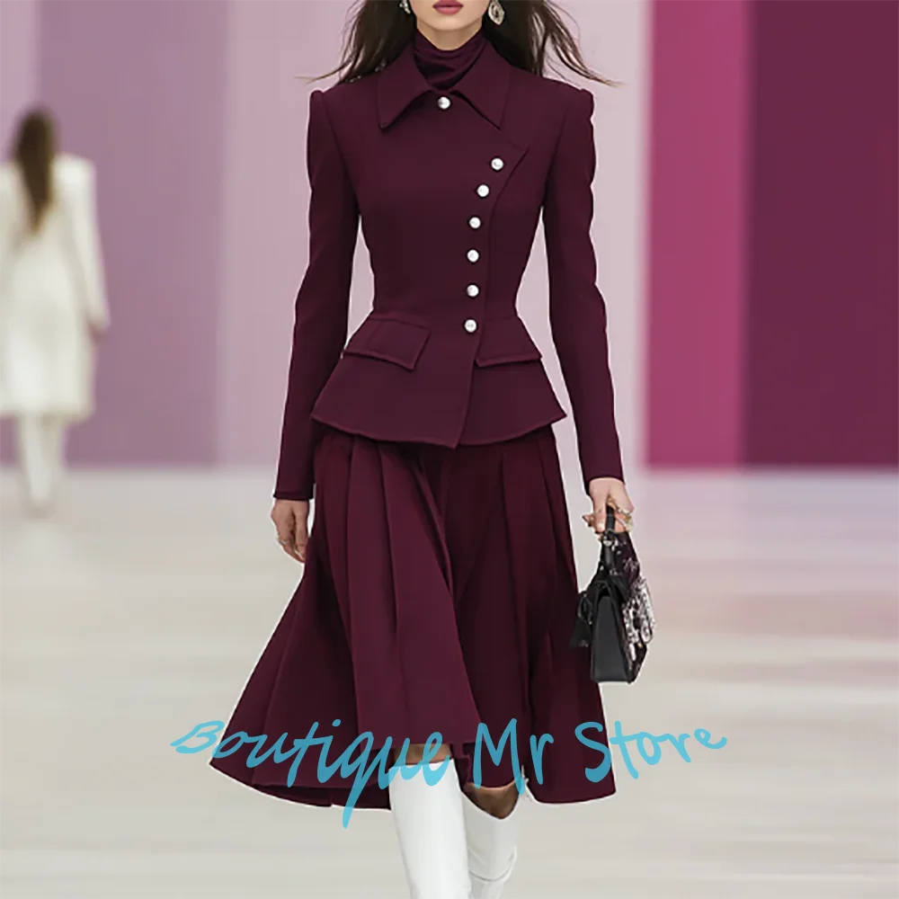 

Elegant Burgundy Women's Jacket+Pleated Midi Skirt Suit Slim Fit Single Breasted Blazer Daily Chic Streetwear Office Lady Outfit