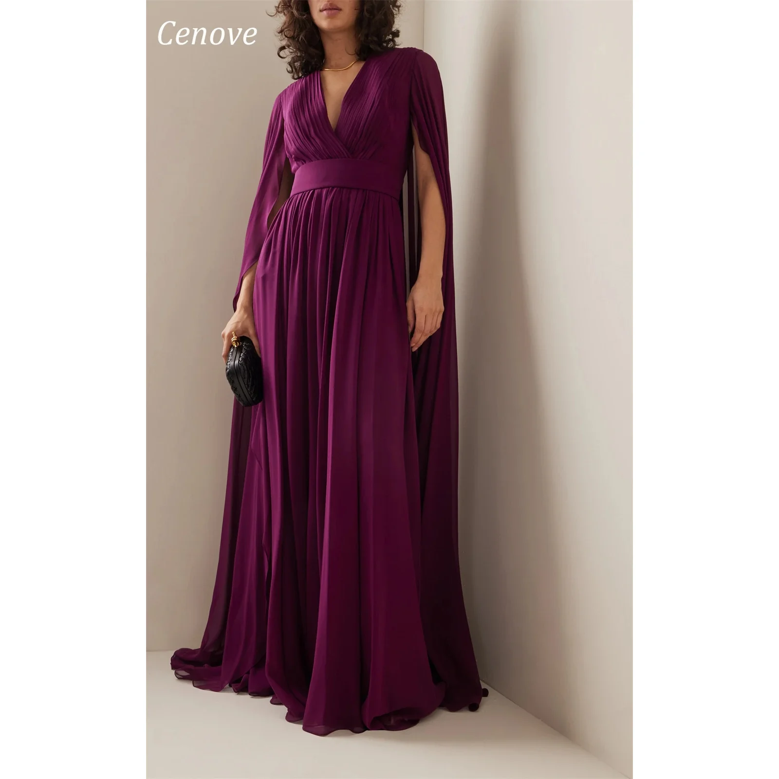 

Cenove Shawl V-Neck Chiffon Evening Formal Gown A-Line Bridesmaid Purple New Party Elegant Dresses for Women 2023