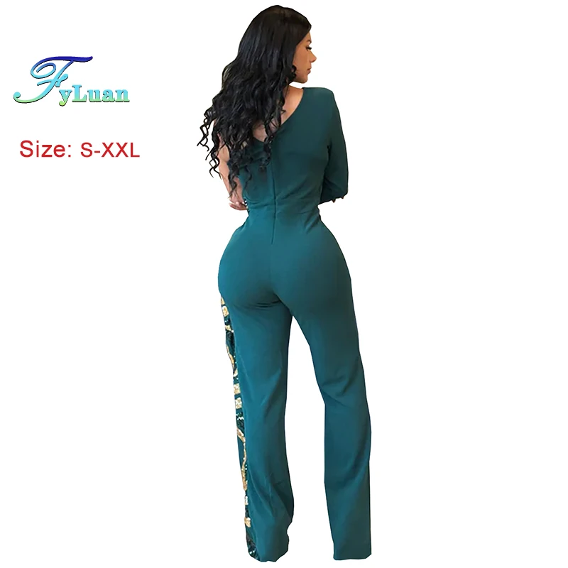 2025 Gorgeous Women Shiny Geometric Sequins Fitted Jumpsuits One Long Sleeve Diagonal Neck Sequined Patchwork Wide Leg Jumpsuits