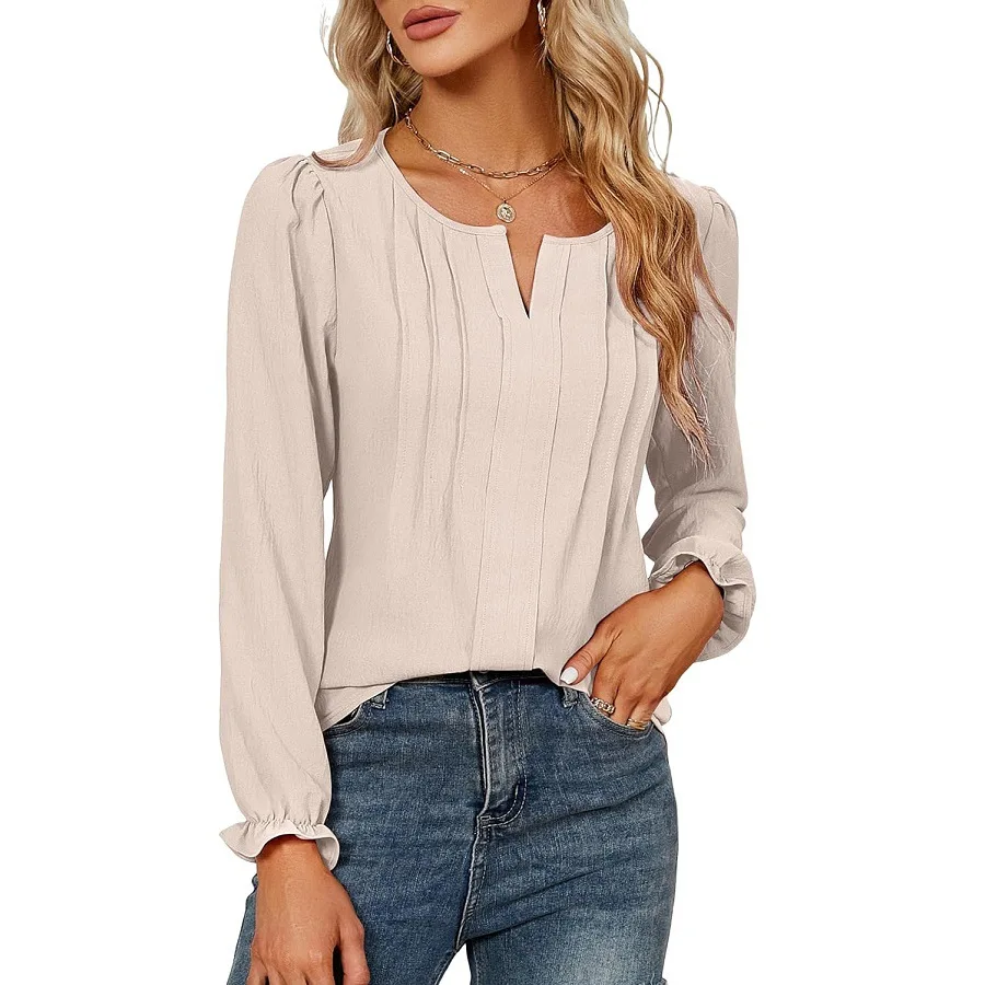 Lady V-Neck Shirt Women Solid Color Long Sleeved Blouse  Spring Autumn Elegant Office Top Clothes