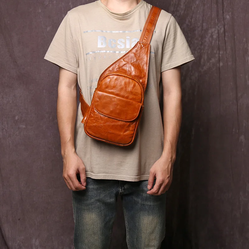 Bolso de pecho de piel de vaca para hombre, bolsa cruzada de cuero genuino, diseño Retro de agarre de mano, curtido vegetal, capa superior, Simple y a la moda