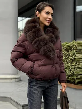 Fashion Solid Women's Puffer Jacket Faux Fur Collar Splice Long Sleeves Short Loose Coat Chic 2026 Autumn Winter New Daily Wear 3