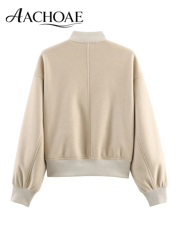 AACHOAE Women's Bomber Jacket Snap Button Rib Knit Baseball Jacket Casual Loose Fall Winter Short Coat Outerwear