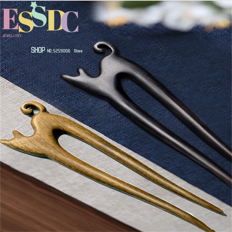 Retro Style Classical Hairpin Chinese  Green Sandalwood Ebony Handmade Modern Minimalist