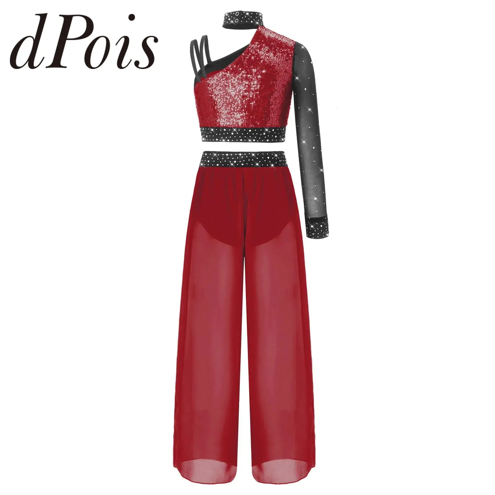

Kids Girls Ballet Dress Color Block Lyrical Dance Outfit Asymmetrical Mesh Long Sleeve Sequins Crop Top + Chiffon Pants Suits