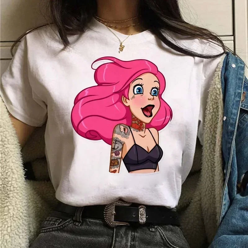 ديزني 2026 جديد ديزني الشرير الأميرة حورية البحر ارييل Kawaii طباعة المرأة تي شيرت سهل الموضة حجم كبير كم قصير #4