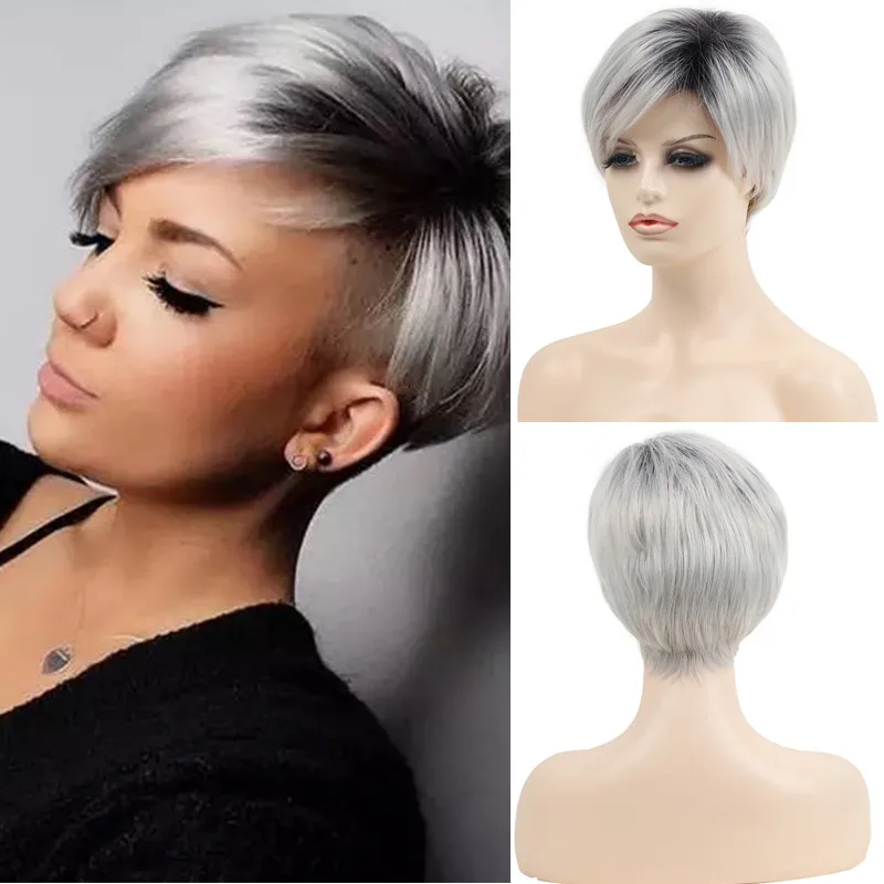 

OUCEY Synthetic Hair Black White Wig Female Pixie Cut Straight Wigs for Women Short Wig With Bangs Synthetic Wig High Quality