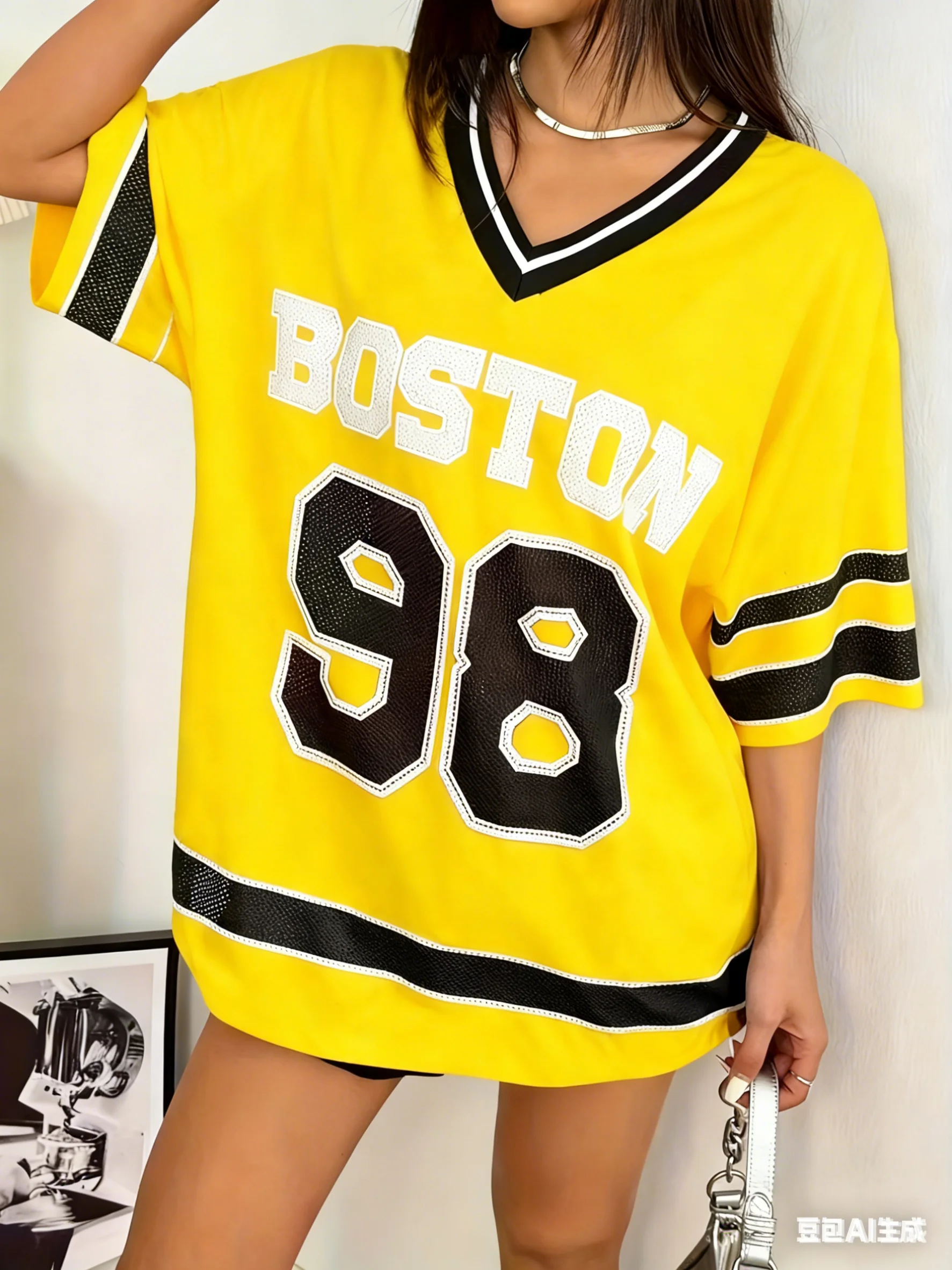 2026 Summer Women BOSTON NO.98 Print Lightweight Breathable Comfortable V-Neck Short Sleeved Baseball T-Shirt Women Jersey Tees