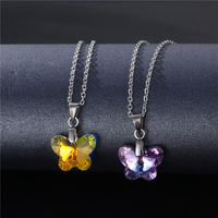 Purple Crystal Butterfly Pendant Stainless Steel Clavicle Chain Chokers Necklace Women Men Fashion Jewelry Accessories Gift Hot