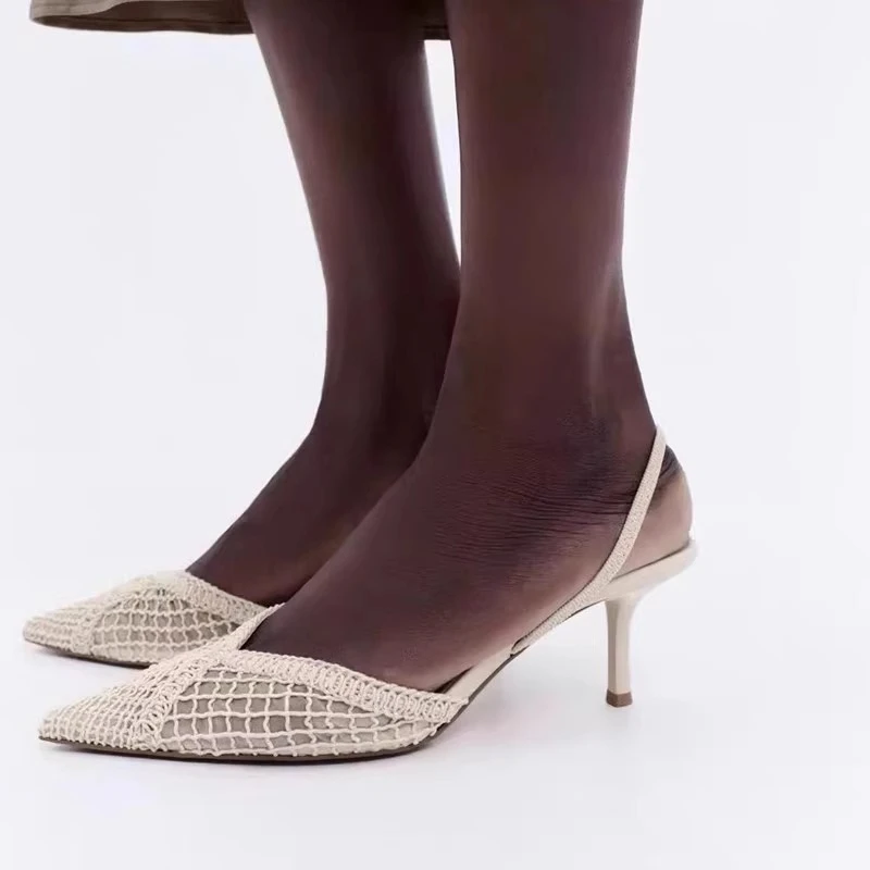 Sandali con tacco intrecciato in rete Donna Punta a punta sexy Cinturino posteriore Tacchi alti sottili Scarpe comode ed eleganti firmate per le donne Décolleté