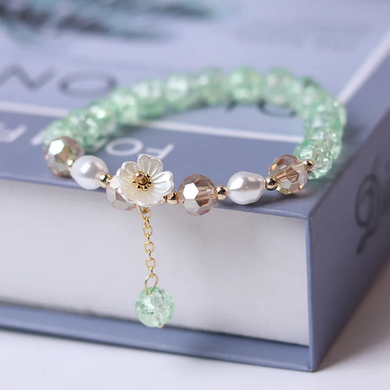 Sweet Vintage Pearl Lily Tulip Flower Bracelet for Women Fashion Korean Cute Tassel Peach Pendant Bracelets Aesthetic Jewelry