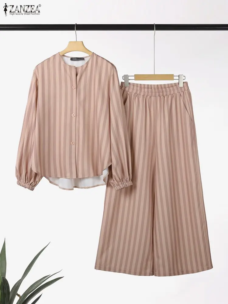 

Women Casual Striped 2 Pieces Pant Sets ZANZEA Lantern Sleeve O-Neck Shirts and Wide Leg Pants Suits 2025 Autumn Woman Outfits