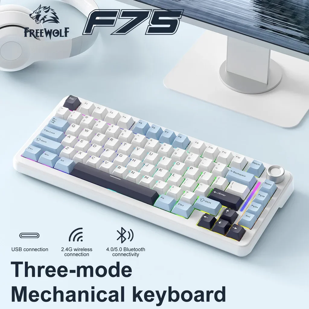 

Беспроводная игровая механическая клавиатура Free Wolf F75 — трехрежимная раскладка RGB с возможностью горячей замены (BT/2,4G/проводная), аккумулятор 4000 мАч