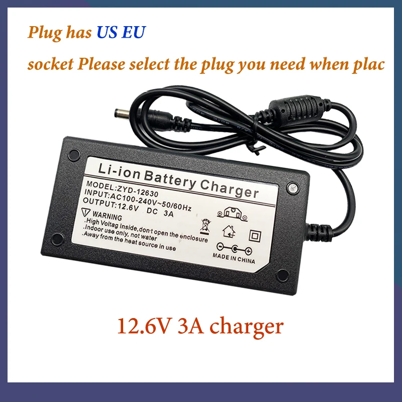 12.6V 3A 18650 Lithium Battery Charger for 3 Series Lithium Battery C Battery 12V Battery Smart Charger + US EU AC Power Cord