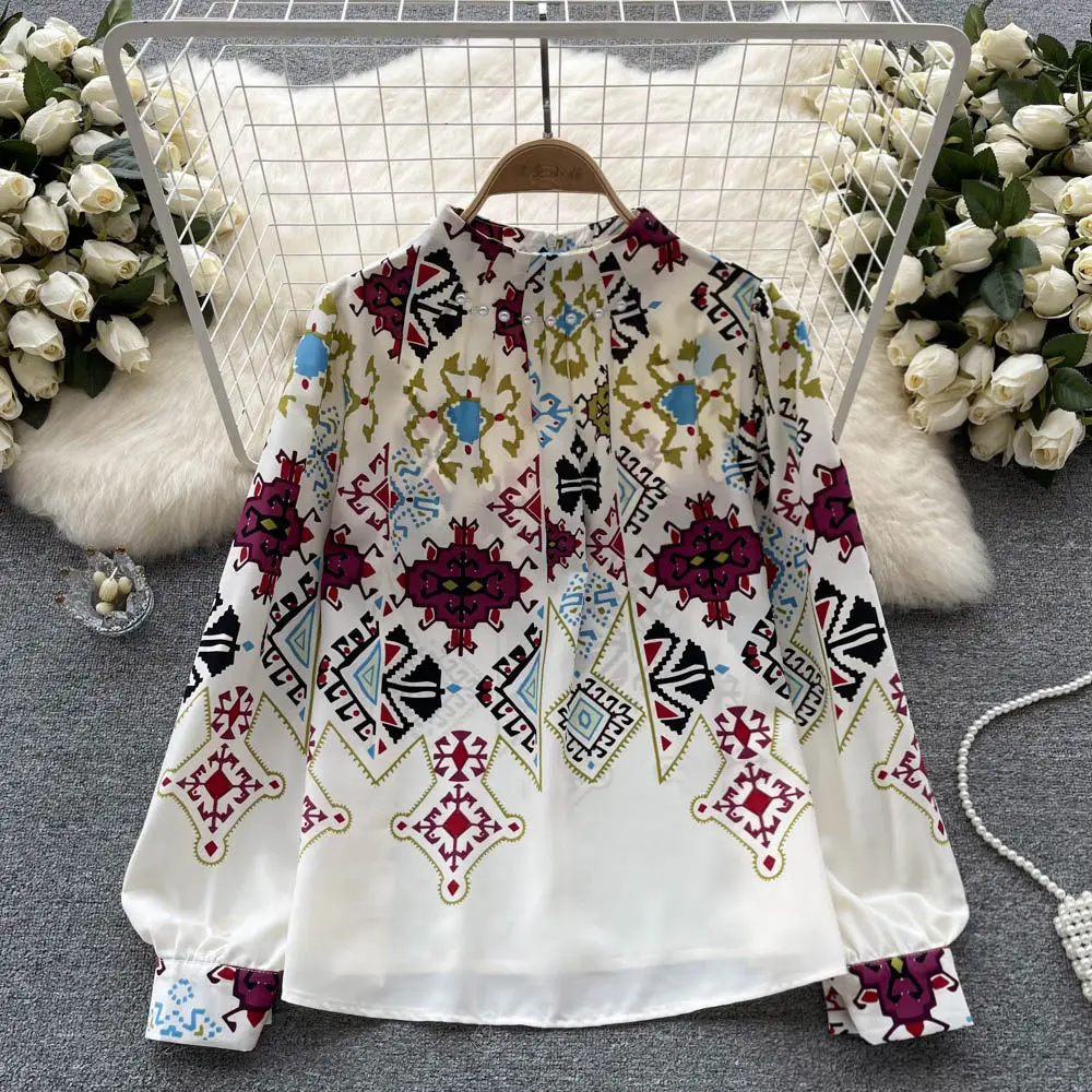 

Chinese Style Vintage Embroidery Pearl Printing Women Bishop Sleeve Chiffon Shirt French Spring Stand Collar Long Sleeved Tops