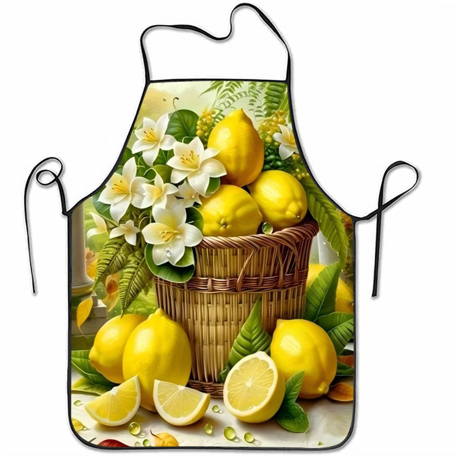 2026 New Style 2D Flat Summer Party Theme - Lemon And Floral Combination Kitchen Apron, Vintage Style, Adjustable Neck Strap, Du