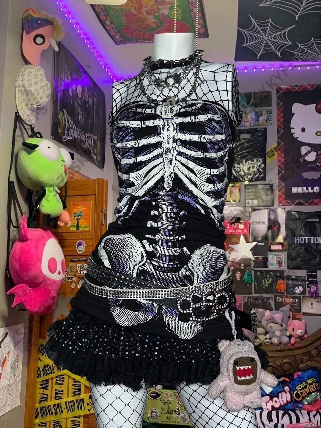 Sukienka letnia bez ramiączek w stylu Y2K, streetwear, z nadrukiem czaszki, obcisła spódnica dla dziewczyn, Harajuku Gyaru, damska krótka sukienka tuba w stylu lat 2000, seksowna odzież.