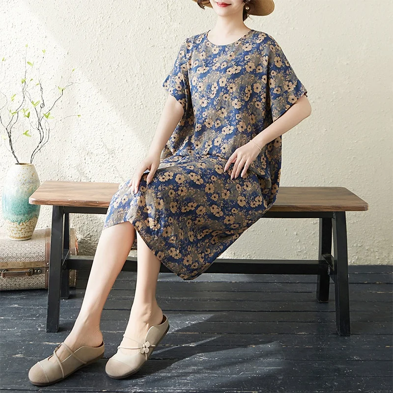 

Summer New plus Size Women's Cotton Linen Print Dress Knee-Length Short Sleeve Loose Fit Artistic Style Thin Skin-Friendly