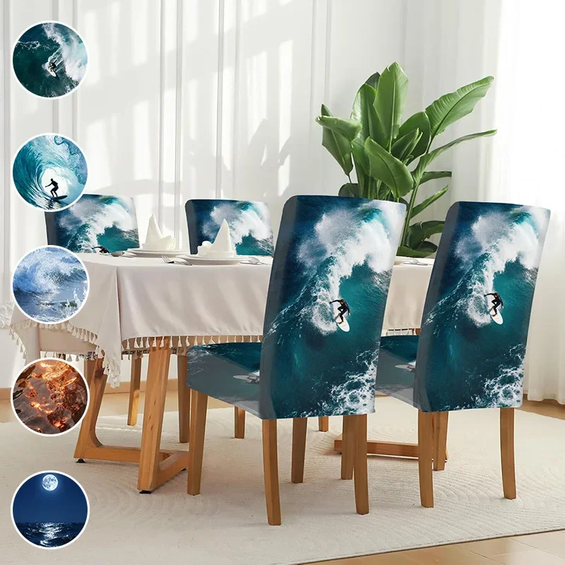 High-elastic printed dining chair cover, wave and sea view pattern, suitable for household dining tables and chairs