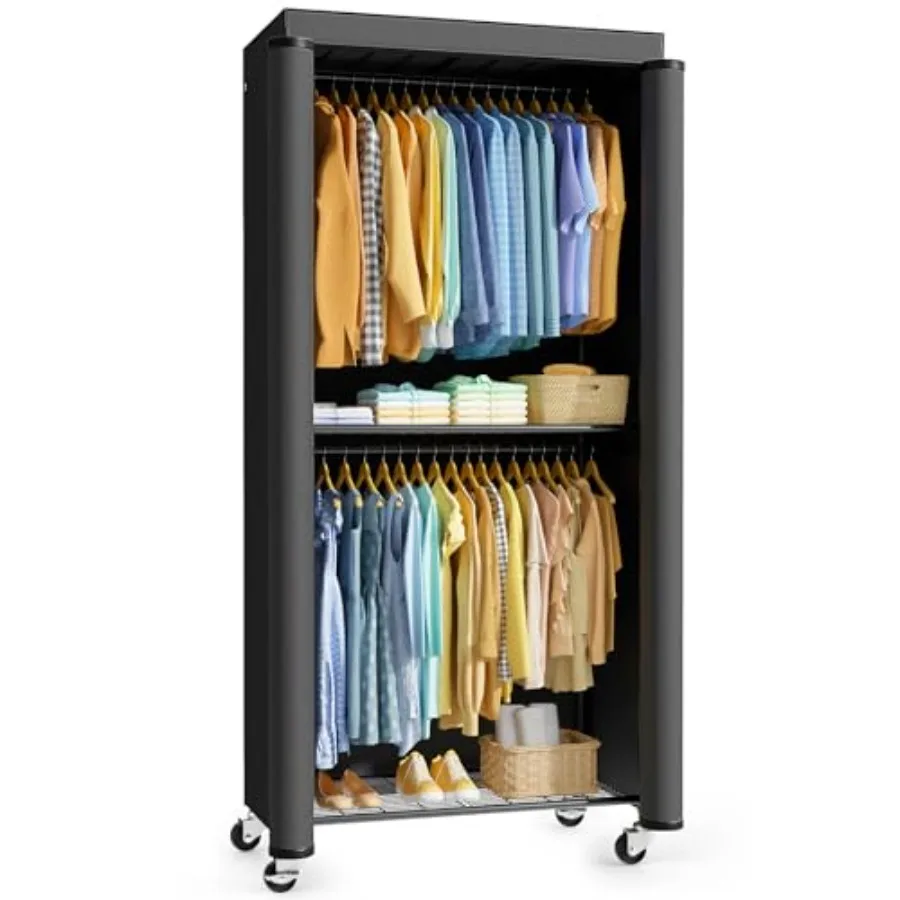 

Clothes Rack with Cover - Spacious Wardrobe Closet with Lockable Wheels Rust-Proof Clothing Racks for Hanging Clothes Accessori