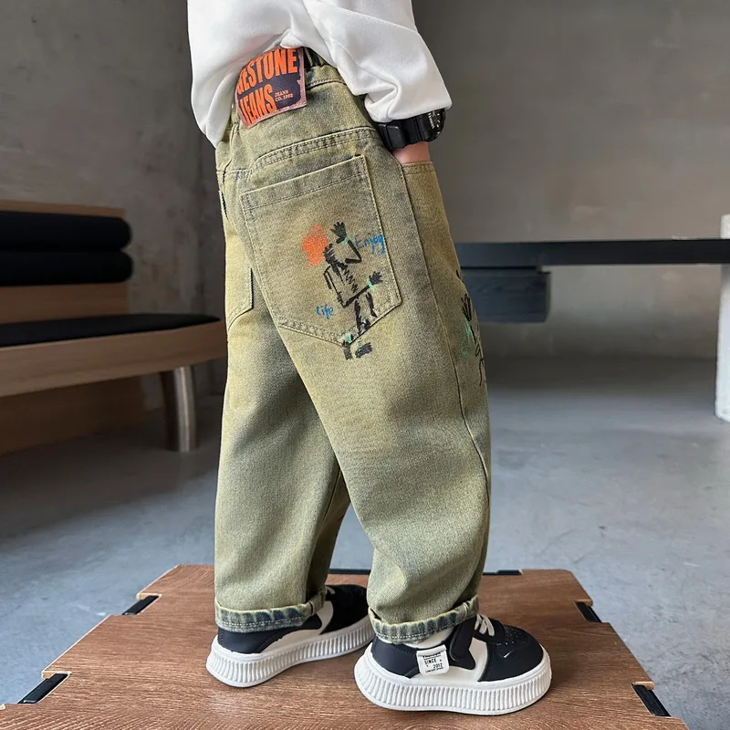 Spring Autumn Retro Children's Jeans Personal Graffiti Pants for Boys and Girls Jeans Baby Kids Straight Trousers 2-11 Years