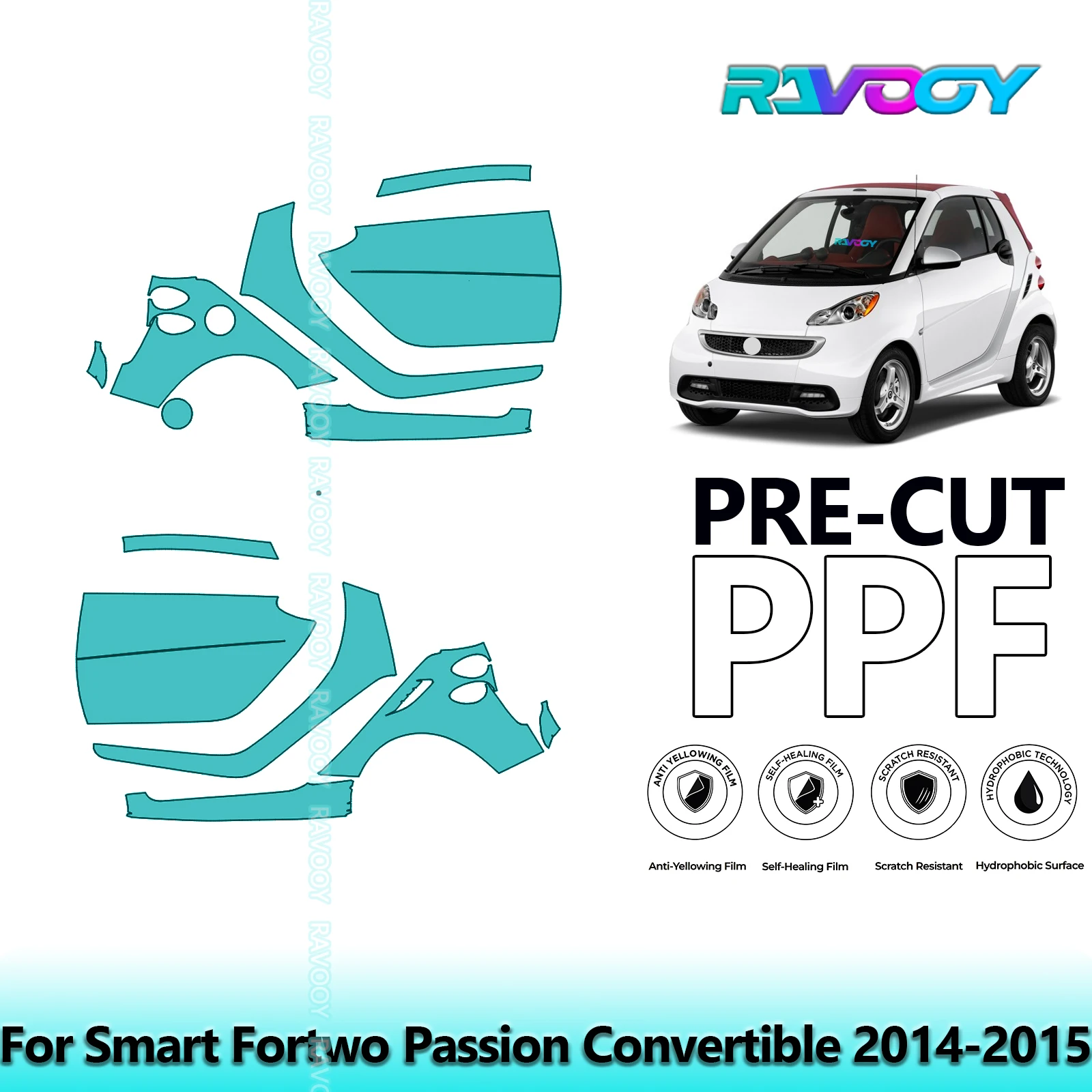 

For Smart Fortwo Passion Convertible 2014-2015 8.5mil Pre-Cut PPF Door & A/B Pillar Kit TPU Paint Protection Film Set