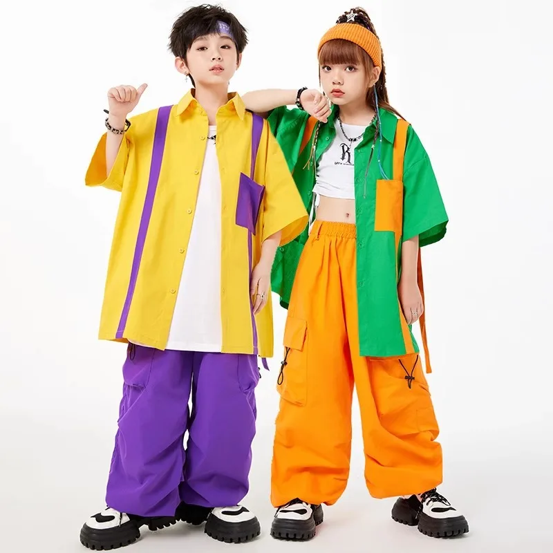 Hip Hop Girls Coloful Contrast Loose Shirt Cargo Pants Boys Street Dance Clothes Set Children Streetwear Kids K-pop Jazz Costume