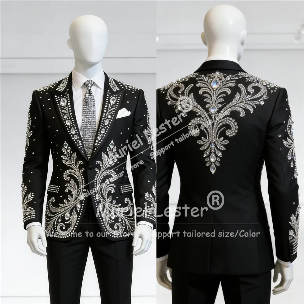 

Luxury Rhinestones Beaded Suit Attire For Men 2 Pcs Crystals Groom Blazers Trousers Slim Fit Customized Wedding Banquet Tuxedos