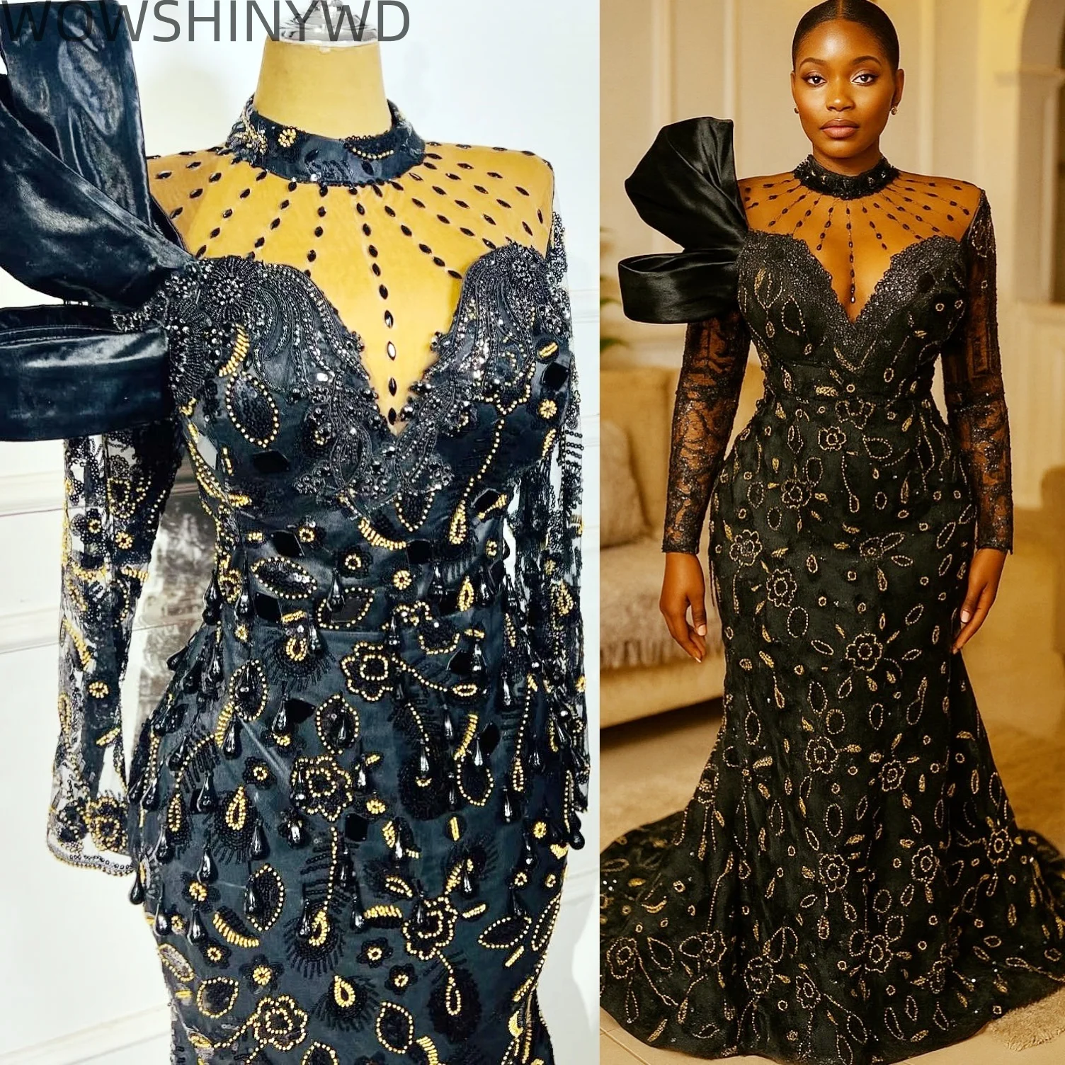 

2025 Black Mermaid Prom Dresses Beaded Crystals Sequined Sheer Neck Evening Formal Party Birthday Gowns Dresses ZJ223