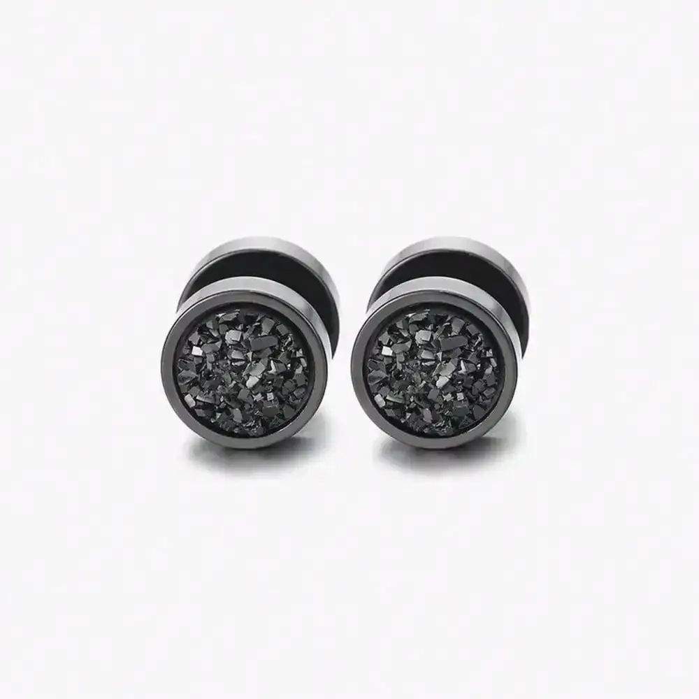 1pair Fashionable Dumbbell Mineral Stone Stainless Steel Stud Earrings For Women And Men, Black Punk Style