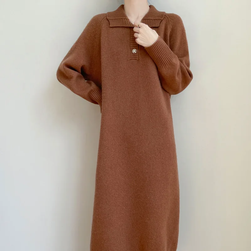

Basic Fashion 100% Merino Wool Polo Collar Casual Solid Color Dress Cashmere Long Sleeves Women Comfortable Warm Soft Dress