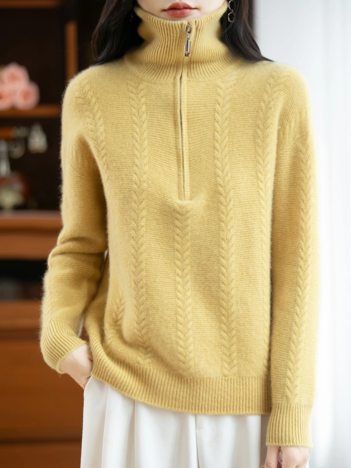 

Women 100% Merino Wool High Neck Knit Sweater Solid Color Half Zipper Pullover Skin Friendly Fashionable Autumn Winter Clothing