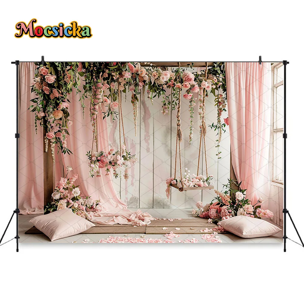 Mocsicka Girl Birthday Cake Crush Backdrop Photography Pink Drapes Flower Room Background Wedding Party Maternity Photo Studio