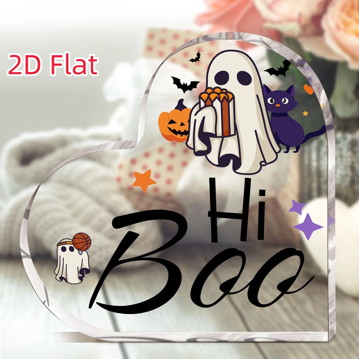 2D Flat Halloween Heart-Shaped Acrylic Plaque And Statue, Ghost Black Cat Desktop Ornament, Gift for Mom/Madam/Daughter/Friend/Best Friend, Multifunctional Home Decoration, Birthday Gift, Halloween, Thanksgiving, Christmas, And New Year Gift