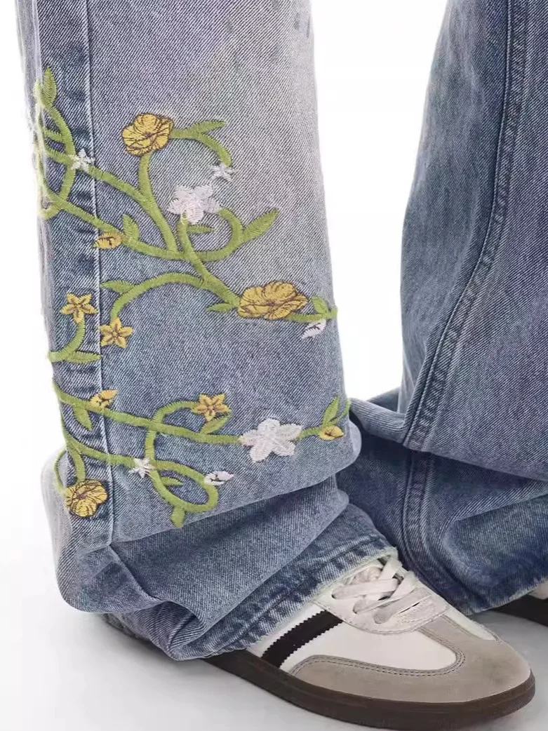 

American Retro Floral Embroidered Jeans Men Women Summer High Street Straight-Leg Pants Versatile High Waist Wide-Leg Trousers