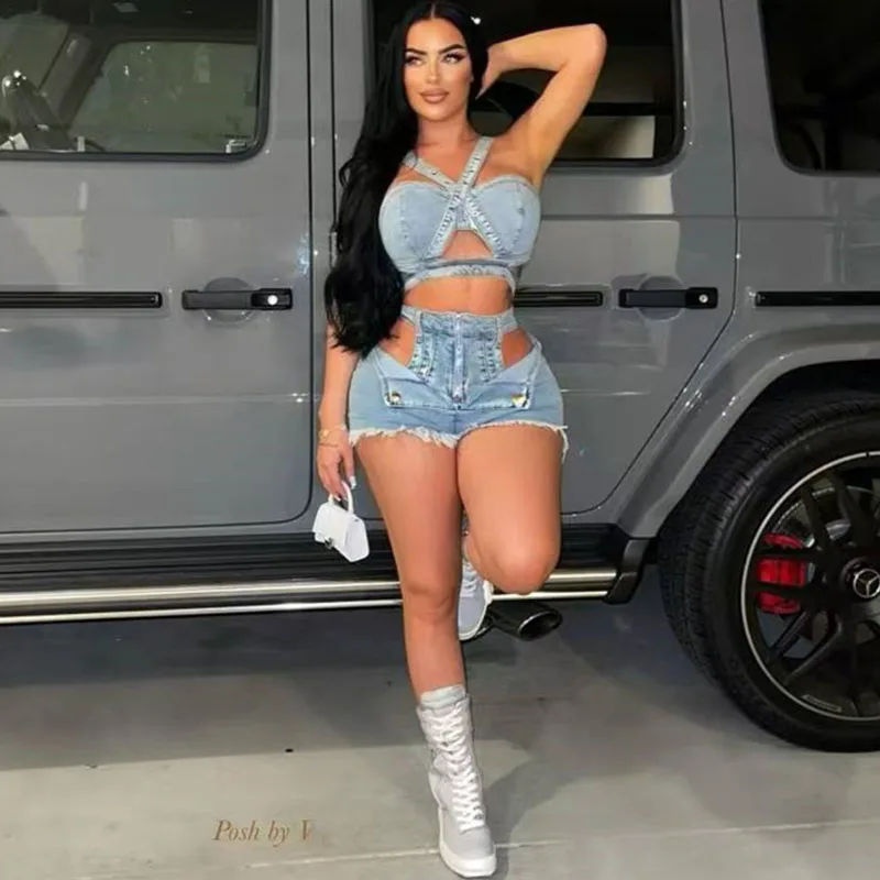 

Streetwear Denim Two Piece Set Women Festival Outfit Y2K Hollow Out Strap Strapless Crop Top and Shorts Club Party Matching Sets