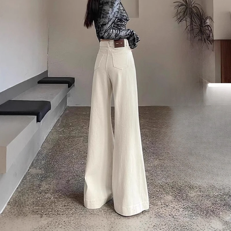 Pantaloni jeans bianchi a gamba larga Pantaloni larghi da donna con fascia a vita alta Pantaloni larghi lunghi coreani solidi streetwear Vintage