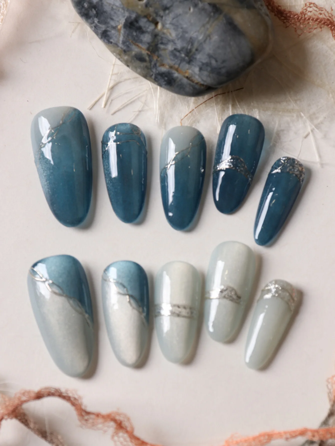10 Stück Press-on-Nägel, lang, blau, Katzenaugen-Farbverlauf, für Büro und Alltag, künstliche Nägel, Nagelkunst-Set, DIY