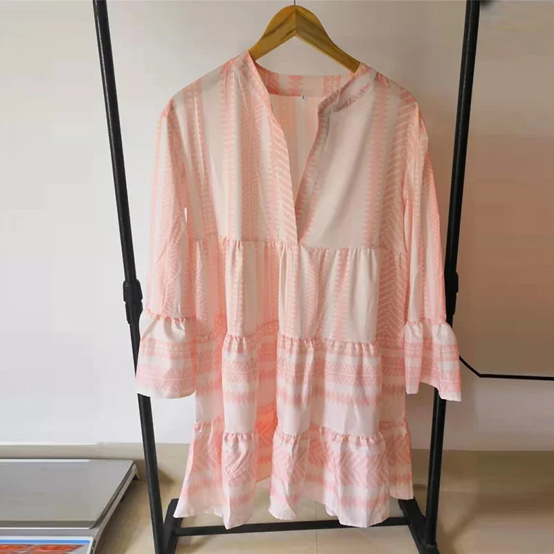 Boho Dress for women Casual Loose Striped Mini Dresses Mini Women 2025 Bohemian Short Beach Dress V-Neck Sundress Femme Vestido