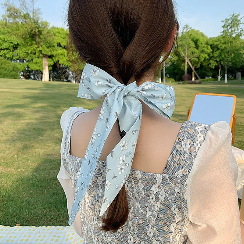 95cm Long Skinny Scarf for Women Narrow Ribbon Headband Female Neckerchief Floral Print Bag Band Bandana Hair Tie Accessories