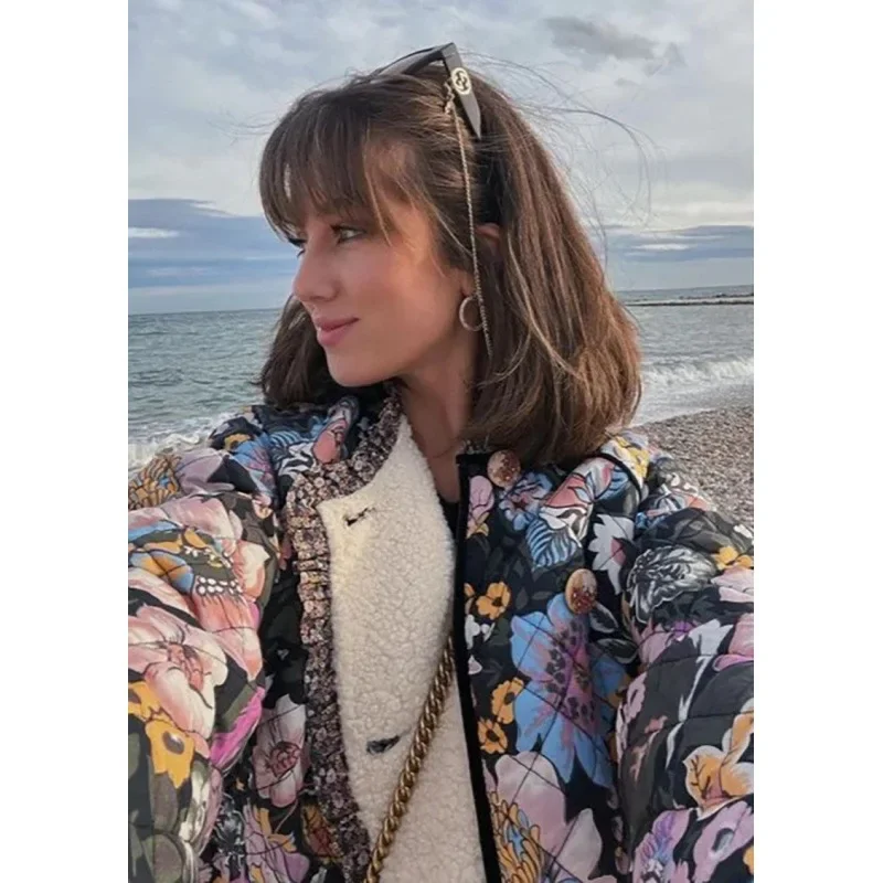 Vintage Floral Printed Cotton Coat Women Fleece Thick Warm Long Sleeve Loose Round Neck Single Breasted Quilted Jacket Women's