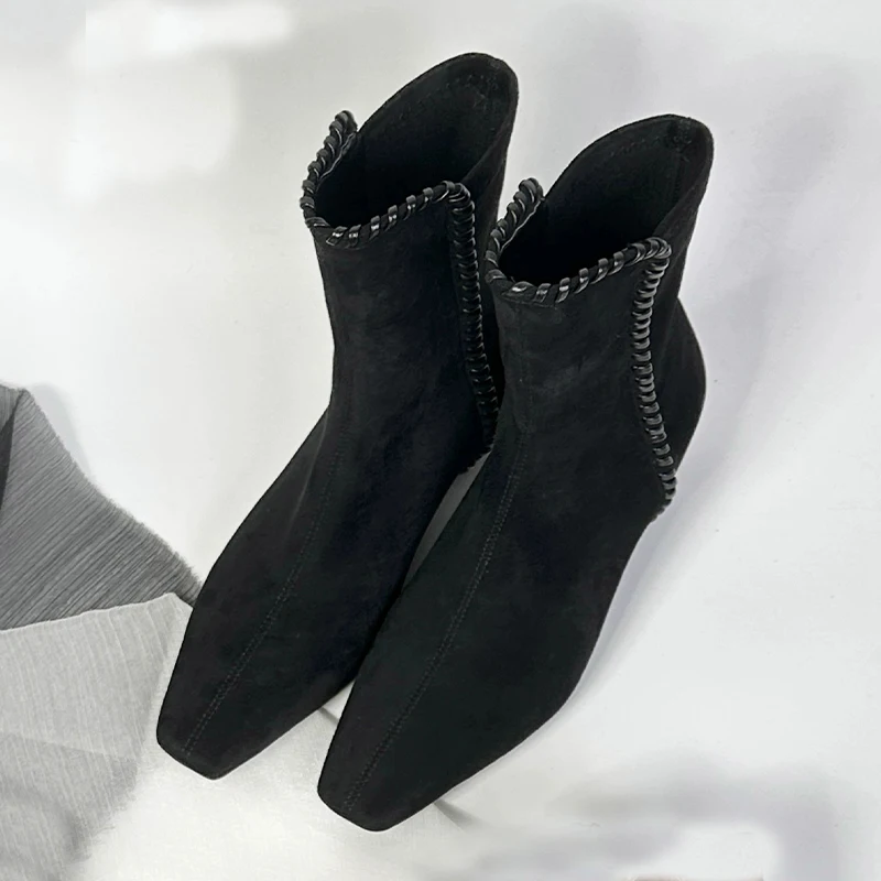 

Ankle Women's Boots Square Toe Suede Low Heels Shoes Fashion Dress Woman Short Boots 2025 Winter Designer New Botas De Mujer